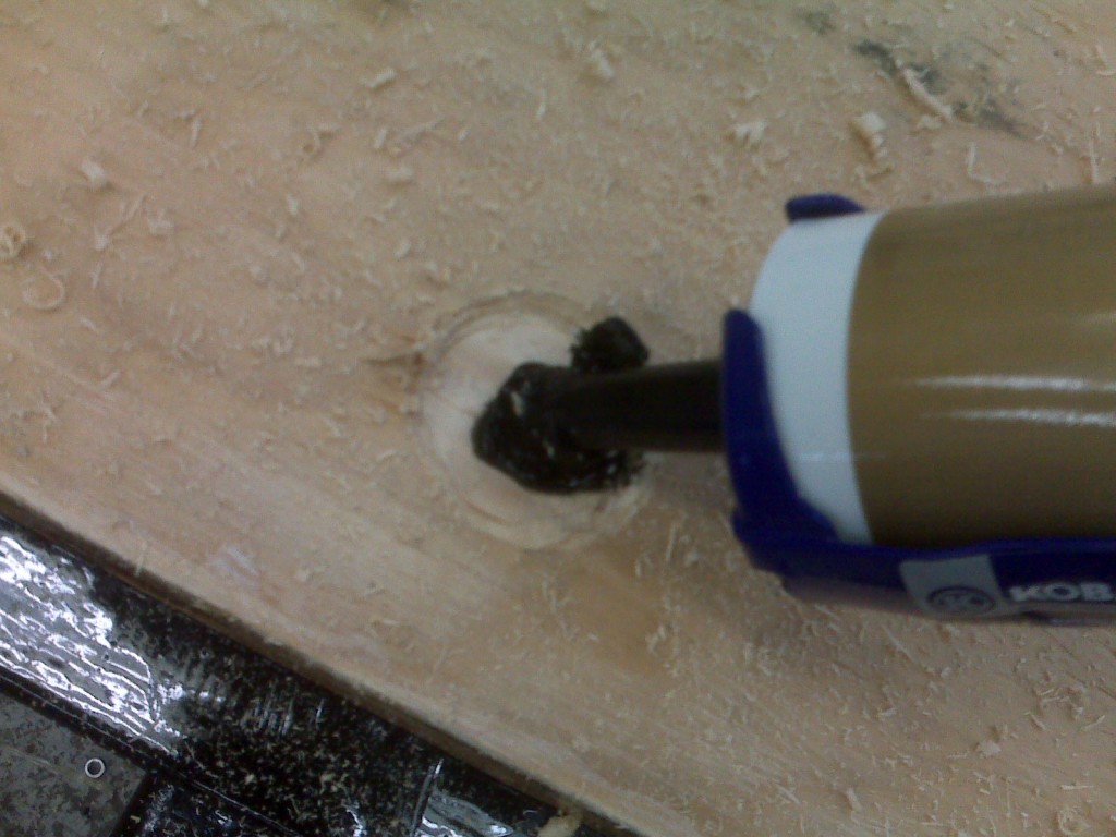 Adding Silicone II roofing caulk to the hole
